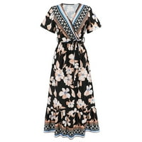 STAMZOD MAXI haljina za ženske ležerne zavojno ljeto Vintage Print kratki rukav V-izrez Crni XL