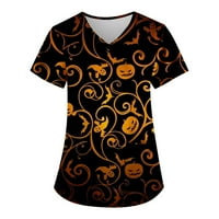 Halloween majice za žene bluze za žene Ženska moda V-izrez kratki rukav s džepovima Halloween tiskani vrhovi zlato l