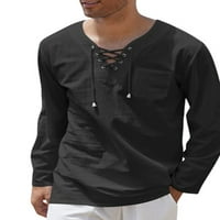 Paille Muškarci Vintage Casual Tunic Majica Plavni odmor za odmor s dugim rukavima Bluza Black XL