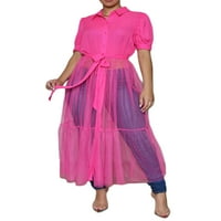 Thaisu ženska haljina za žensku majicu, kratki rukav rever mrežaste haljine za vezanje struka