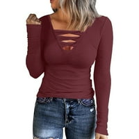 Ženski pleteni džemper s dugim rukavima izrezani seksi V izrez Košulje udobne pulover u boji TOP bluze
