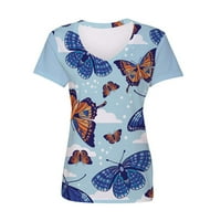 HHEI_K modni ženski ljetni labavi ispis V-izrez leptir uzorak majica s kratkim rukavima majica dolje