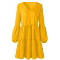 Jesenske haljine žene modne čvrste boje V-izrez s dugim rukavima Ležerne prilike, labava haljina žuta