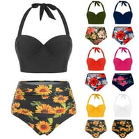 Žene cvjetni print visokih struka + kratke hlače dva kupaća kostima HalterBechwear