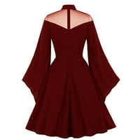 Ljetne haljine za žene rugajući izrez dugih rukava Solid Fit & Flare haljina srednjeg dijela Vintage