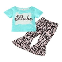 Bagilaanoe Little Girl Long Hlače Postavite slova s ​​kratkim rukavima Print THes + Leopard Flared pantalone 2T 3T 4T 5T 6T 7T Djeca Ležerne prilike