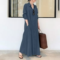 Ženske oblače V-izrez Casual Solid Maxi Ljetna haljina s dugim rukavima Mornarica L