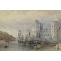 William Callow Crna Ornate Willom Framed Double Matted Museum Art Print Naslijed: Pejzaž sa brodovima za Caernarvon Castle