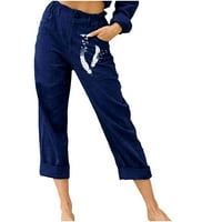 Dianli Hlače Žene Pamučno posteljina Trendy Elastic sa džepom perjem Ispiši slatka udobna gumba za izlasku rugalne čvrste casual pantalone srednje struke tamno plave s