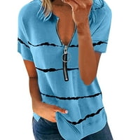 Puntoco Womens Plus Veličina veličine, Ženska plus veličine Zipper Stripe Print V-izrez Majica kratkih rukava Top bluza Sky Blue