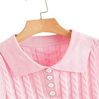 PLNOTME Žene rever kabel Slatka pletena džemper prsluk prednji čvrsti boju vrhovi običnog rukava bez