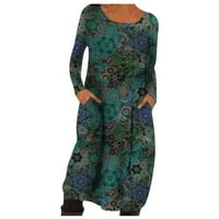 Ljetne haljine za žene scoop vrat cvjetni a-line Srednja dužina Leisure Duge rukave zelena 3xl