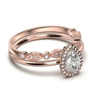 Prekrasna Art Deco 1. Carat Pear Cut Pristupačni dijamantski moissitni prsten za uključivanje, klasični vjenčani prsten, jedan odgovarajući pojas u srebru od 18k sa pozlaćem ruže