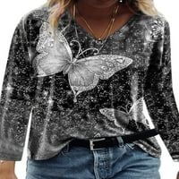 Springttc Ženski leptir Print V-izrez Casual majica Dugi rukavi
