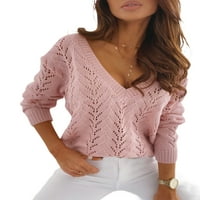 Ženski džemper od pune boje šuplje V-izrez dama Jumper džemper