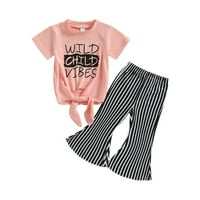 LAMUUSAA TODDLER Girls Ljeto odijelo ružičastog slova s ​​kratkim rukavima Print Tops + prugaste pantalone