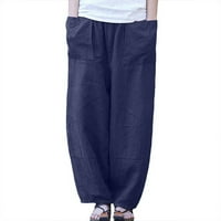 Lilgiuy Modne ženske ležerne pamučne posteljine džepove Čvrsta labava hlače Atletska prevelika hlače