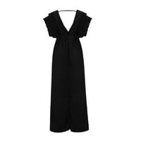 Ženska plus veličina Solid Vintage Fly rukava za leđa HOLLOW V-izrez Dugačka haljina, crna, xxxl