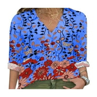 Eleluny Plus Size Ženska Boho cvjetna majica V izrez Labavi bluza Ležerne vrhove Plava L