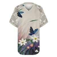 Charella Women Majica Plus size Ispis čipka Kratki rukav V-izrez Loover Bluze za bluzu Beige, XXXXXL