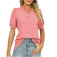 Odeerbi V majice za žene Ljeto od pune boje Pleted labavi kratki rukav ružičasti