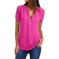 Cleance pod $ cherella ženske ljetne majice kratkih rukava Zip Casual Tunic V-izrez koji se vraća šifon za bluzu za bluzu vruće ružičaste, xl