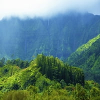 Bujna lišća na planinama Kauai i voda koja teče iz strmih litica pod oblačnim nebom; Hanalei, Kauai,
