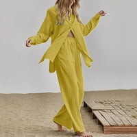 Ženska pamučna posteljina Postavite Ležerne košulje s dužnjim gumbom prema dolje i elastična gaćica sa džepovima Lounge Set Yellow XXXXXL