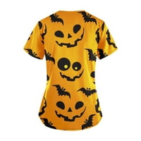 Halloween ispis vrhovi za žene bundeve Cat Bat tiskane medicinske uniforme kratkih rukava V-izrez majice Tee, slatki piling s džepovima Žuta l