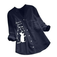Ženska pamučna posteljina Ležerna mačka ispisana majica s dugim rukavima, tamno plava