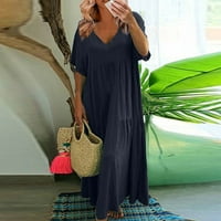 Clearce Summer Haljine za žene kratki rukav A-linijski dužina gležnja V-izrez Čvrsta putopisna haljina plava xl