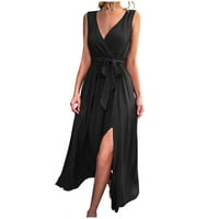 Haljine za žensku haljinu bez rukava za žene V izrez Čvrsta haljina casual duga haljina crna l