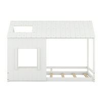 Kuća platforma krevet s krovom i prozorom, platforma od punog drveta platforma od punog drveta s uzglavljenim i nožnim pločama s niskim podnim okvirom sa slatkom podrškom za dječake, bijeli, bijeli