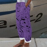WAVSUF Žene pune dužine Casual pantalone ispisane sa džepovima Visoko struk Cleanians Ravne noge Ljubičasta