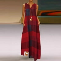 Ženska V izrez Plus Veličina haljina bez rukava Plaid Maxi Vintage Bohemian Ljeto Izlazni elegantne