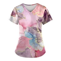 Womens plus bluze i tunike Jesen Jesen Modni ispisana radna uniforma sa džepnim majicama kratki rukav ružičasti 3x