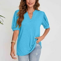 Tking Fashion Womens Ljetni kratki rukav V izrez Solid Tops Labavi puff rukava T majice Light Blue XL
