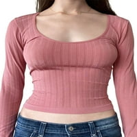 Merqwadd Ženska majica s dugim rukavima Y2K seksi okrugli vrat čipkasti patchwork Slim Fit usjeva Vintage