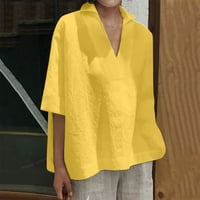 Pejock Women plus veličina rever pola rukava V-izrez pamuk posteljina na vrhu casual labavo majica žuta