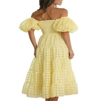Biayxms Ženske ljetne a-line haljine kratki puff rukav s ramena Casual Slatka Midi plairana haljina