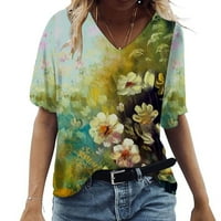 Ljetni vrhovi za žene Trendy ženska moda casual plus veličina Scenic Cvijeće Ispis majica V-izrez