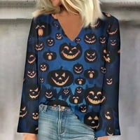 Vrhovi za žene s dugim rukavima V rect Halloween print košulje Grafički pulover casual bluza mornarice s