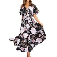 Ljetne haljine za prodaju za žene za žene s kratkim rukavima za tisak cvjetnog uzorka V-izrez Maxi Loose