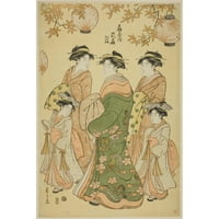 Chōbunsai Eishi Crni moderni uokvireni muzej umjetnički print naslovljen - Kurtizanski hanaogi Ogija,