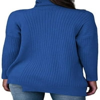 PLNOTME Womens kornjača izrez dugih rukava čvrsta boja bočni prorez Ležerni džemper sa gumbom