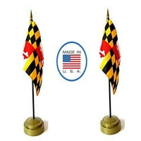 Napravljen u setu za zastavu u SAD-u. Maryland Rayon 4 X6 Minijaturni uredski stol i male ručne tablice za zastavu uključuju brončani stalci za zastavu i male mini maryland Stick zastave