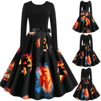Cuoff Gothic Crne haljine za žene Goth Halloween Digitalni tiskani struk dugih rukava šivanje a-line