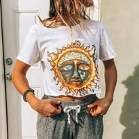 Gotyou Proljetni vrhovi ženske modne sunce i mjesec Print Okrugli dekolte uvrtanje vintage top majice