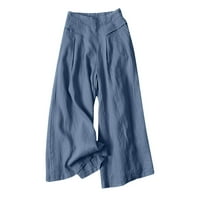 Žene pet hlača Ljeto modne pamučne i posteljine hlače od pune boje Hlače za dame visoke elastične struk hlače nacrtaju casual plavi m