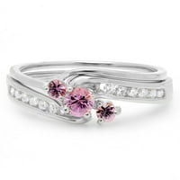 0. Carat 18k bijelo zlato okruglo ružičasto safir i bijeli dijamantski ženski bridalni zaručni prsten sa odgovarajućim ba
